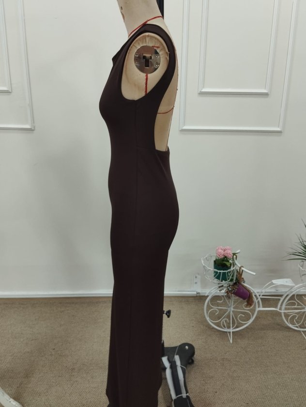 Women's Short Sleeve Deep Back Slit Long Scuba Dress, 32366