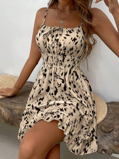 Women's Strappy Shirred Neck Elastic Waist Short Interlock Dress, 32367