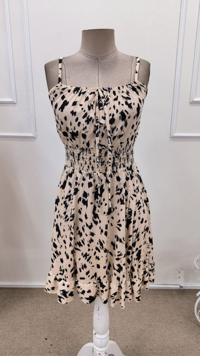 Women's Strappy Shirred Neck Elastic Waist Short Interlock Dress, 32367