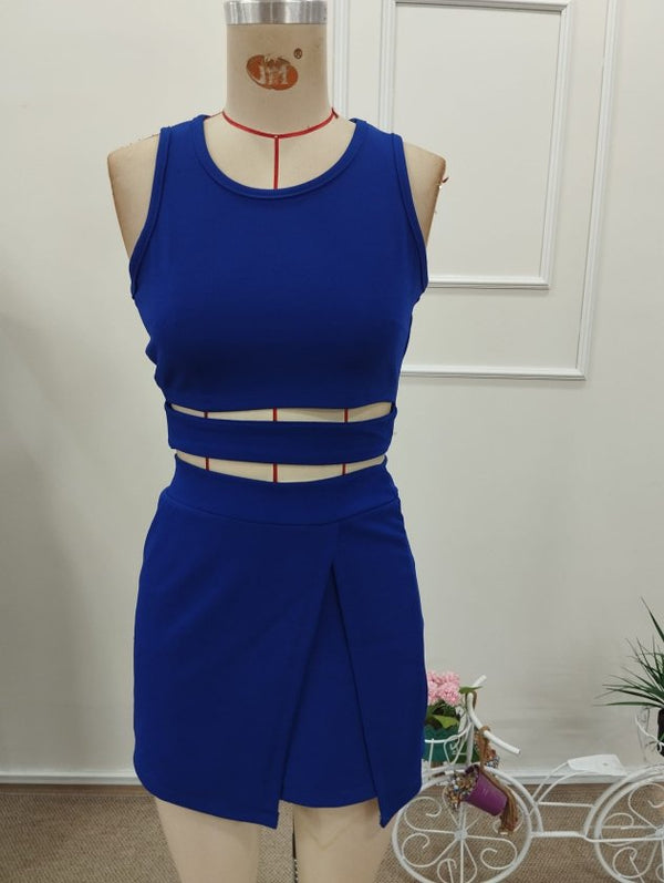 Set de două piese pentru femei, bluză scurtă evazată, cu guler rotund și bretele, fustă și pantaloni scurți, 32370