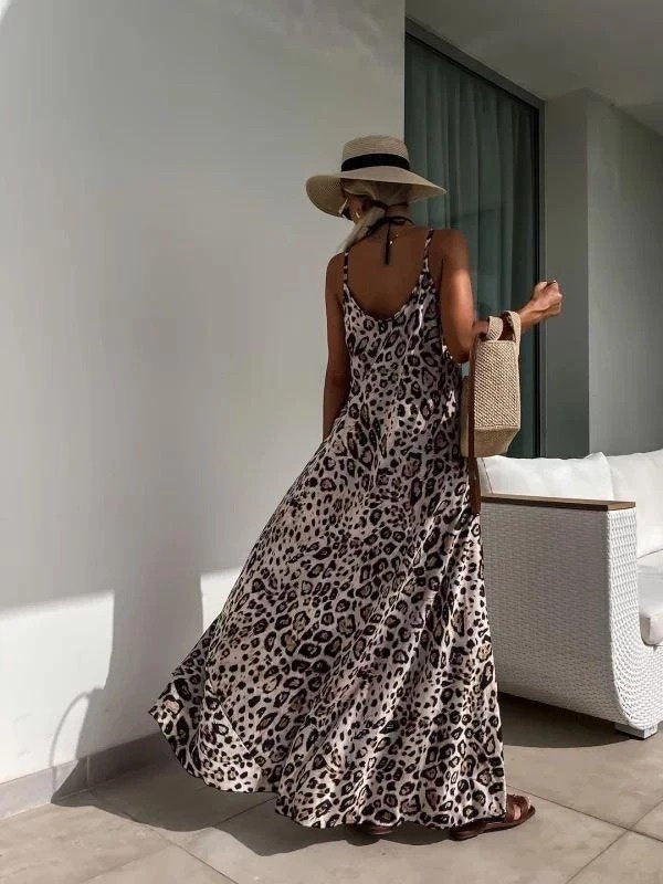 Rochie lungă Supreme pentru femei, cu imprimeu leopard, croială largă, guler rotund, bretele, 32376