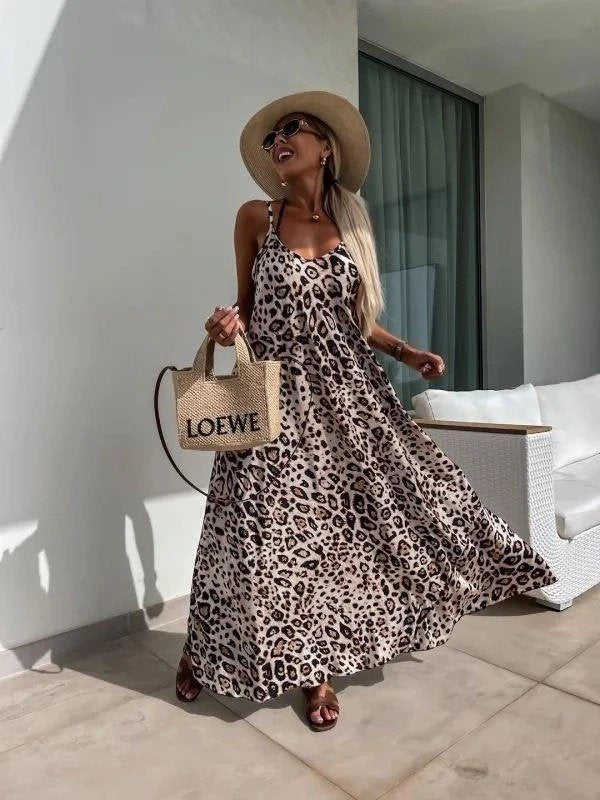 Rochie lungă Supreme pentru femei, cu imprimeu leopard, croială largă, guler rotund, bretele, 32376
