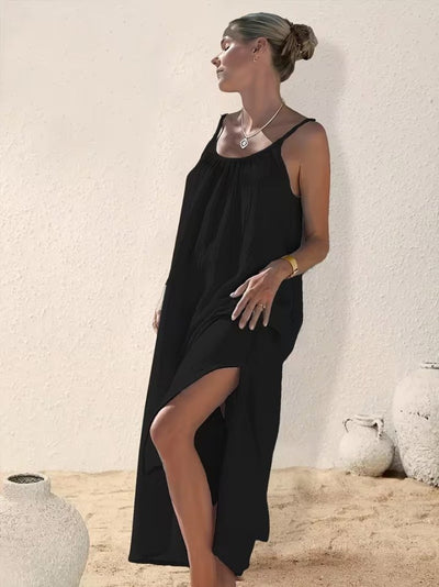 Women's Strappy Round Neck Slit Long Muslin Dress, 32378