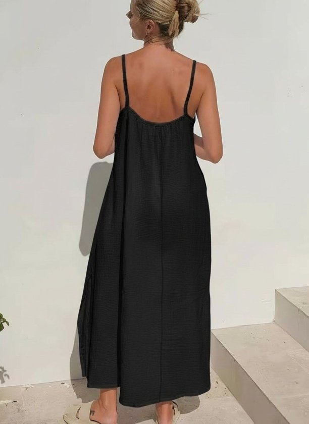 Women's Strappy Round Neck Slit Long Muslin Dress, 32378