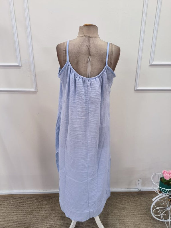 Rochie lungă musulmană pentru femei, cu bretele, guler rotund și crăpătură, 32380