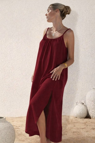 Women's Strappy Round Neck Slit Long Muslin Dress, 32381