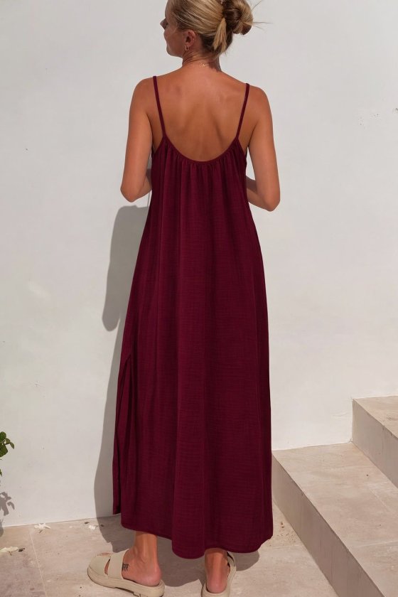 Women's Strappy Round Neck Slit Long Muslin Dress, 32381