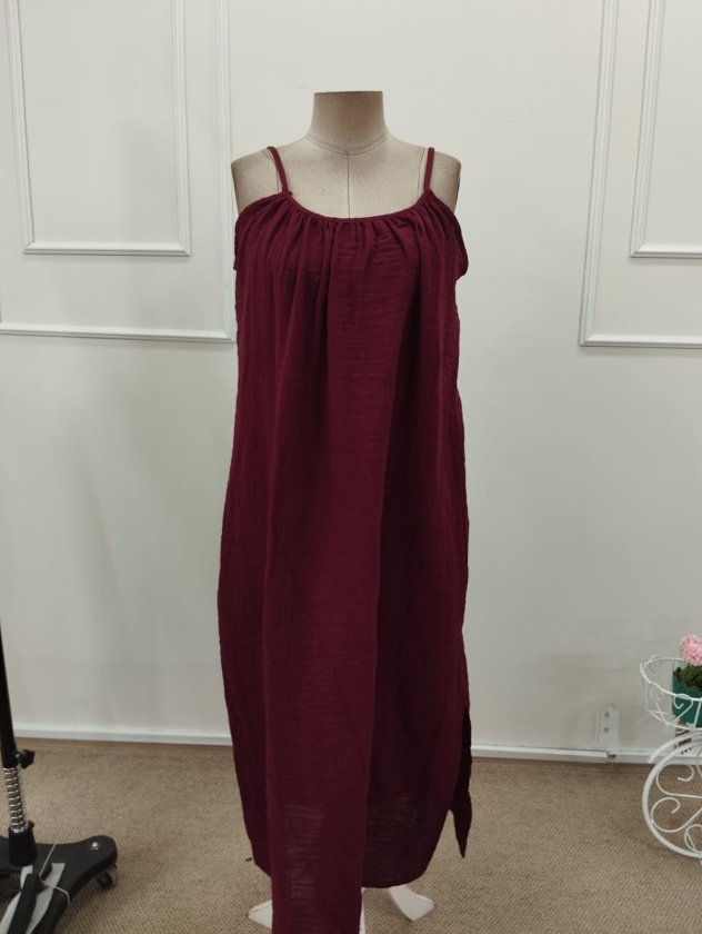Women's Strappy Round Neck Slit Long Muslin Dress, 32381
