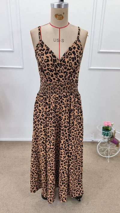 Rochie lungă din material suprem cu bretele țară, guler încrucișat, talie cu elastic și model leopard, 32395