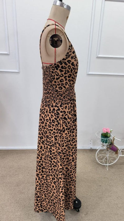 Rochie lungă din material suprem cu bretele țară, guler încrucișat, talie cu elastic și model leopard, 32395