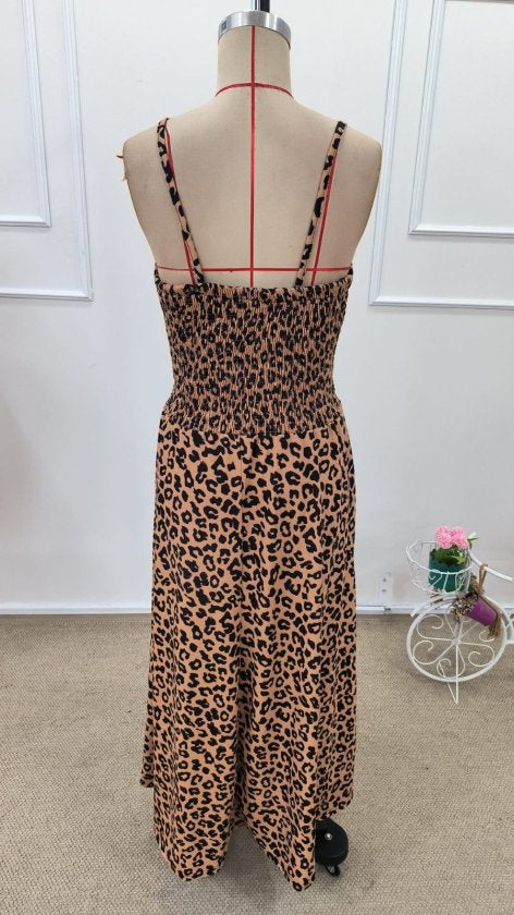 Rochie lungă din material suprem cu bretele țară, guler încrucișat, talie cu elastic și model leopard, 32395