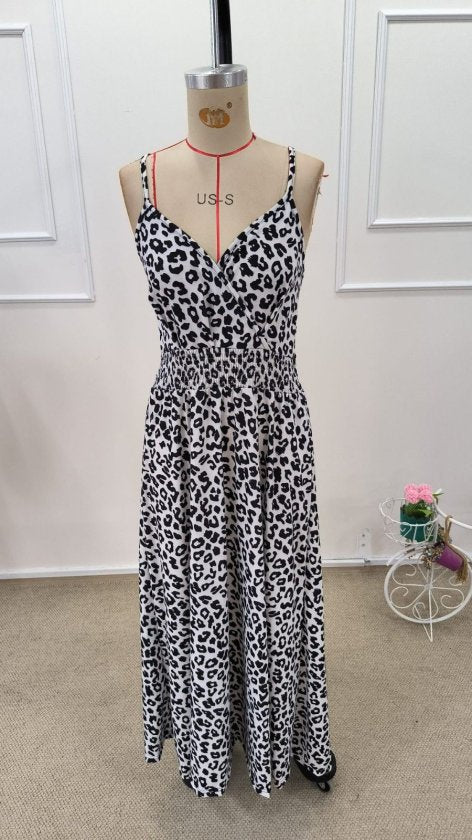 Rochie lungă Supreme pentru femei, cu guler înfășurat, talie elastică, imprimeu leopard, 32397