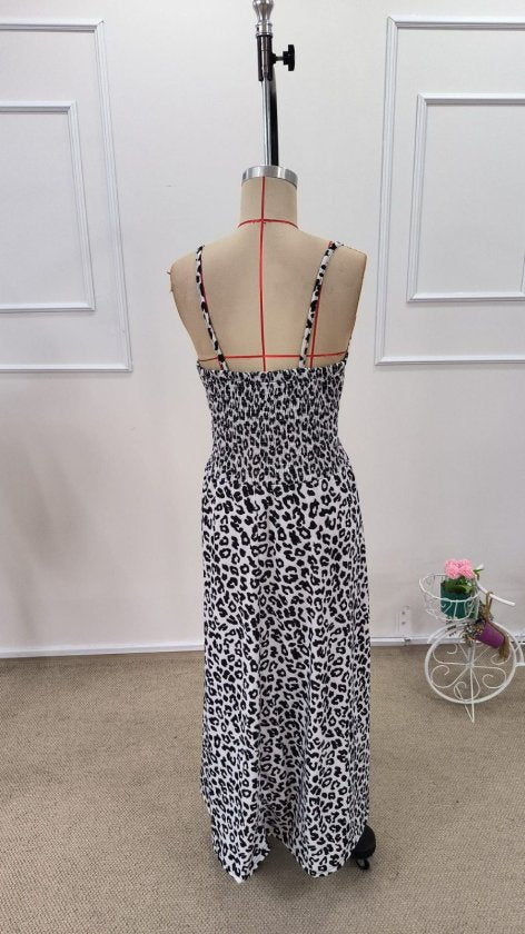 Rochie lungă Supreme pentru femei, cu guler înfășurat, talie elastică, imprimeu leopard, 32397