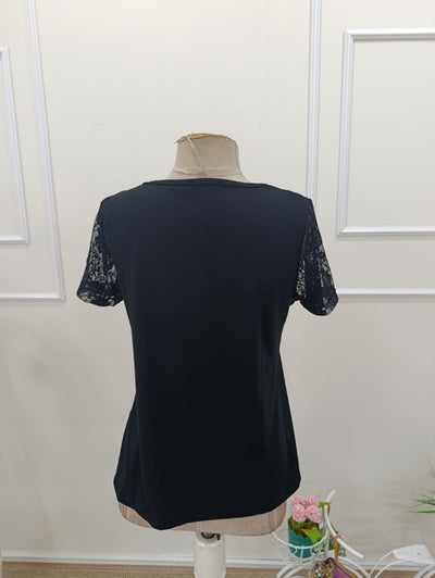 Kadın Kısa Kollu V Yakalı Dantelli Viskon Bluz, 33496