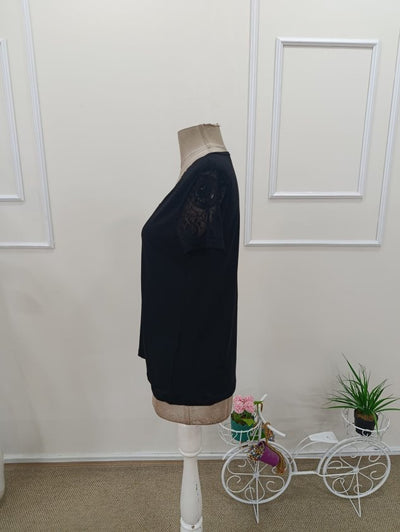 Kadın Kısa Kollu V Yakalı Dantelli Viskon Bluz, 33496