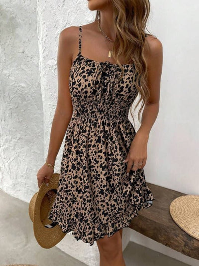 Women's Strappy Shirred Neck Elastic Waist Short Interlock Dress, 32401