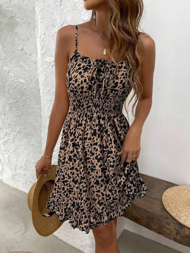 Women's Strappy Shirred Neck Elastic Waist Short Interlock Dress, 32401