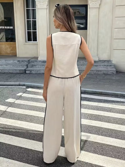 Set de două piese pentru femei, vestă și pantaloni fără mâneci, cu nasturi în față, 34192