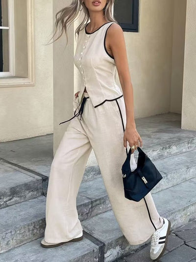 Set de două piese pentru femei, vestă și pantaloni fără mâneci, cu nasturi în față, 34192
