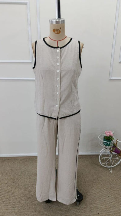 Set de două piese pentru femei, vestă și pantaloni fără mâneci, cu nasturi în față, 34192