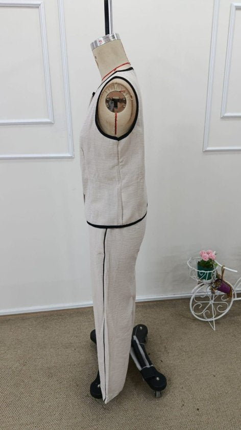 Set de două piese pentru femei, vestă și pantaloni fără mâneci, cu nasturi în față, 34192