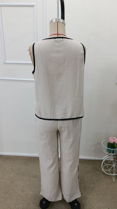 Set de două piese pentru femei, vestă și pantaloni fără mâneci, cu nasturi în față, 34192