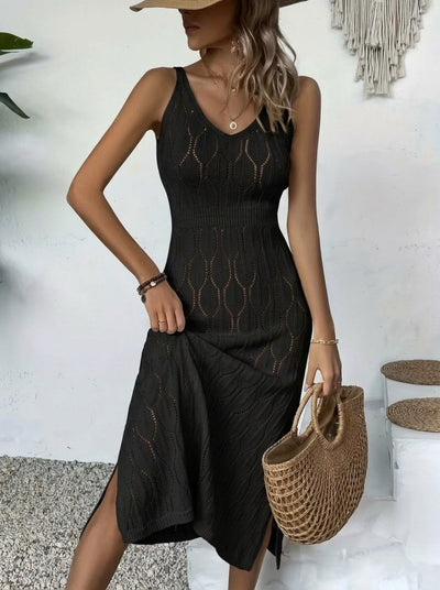 Rochie lungă tricotată cu decolteu în V și bretele pentru femei, 32406