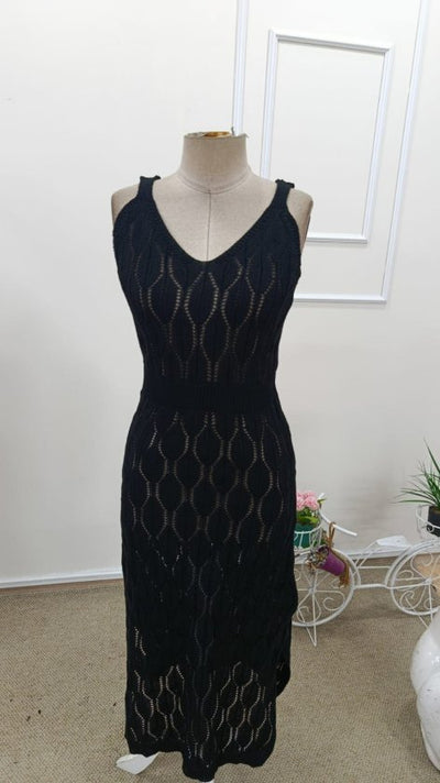 Rochie lungă tricotată cu decolteu în V și bretele pentru femei, 32406