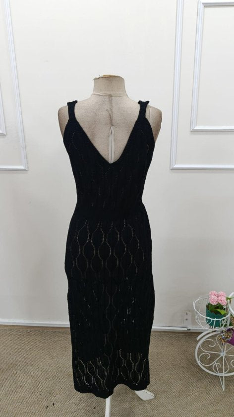 Rochie lungă tricotată cu decolteu în V și bretele pentru femei, 32406