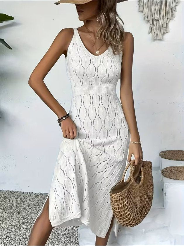 Rochie lungă tricotată cu decolteu în V și bretele pentru femei, 32408