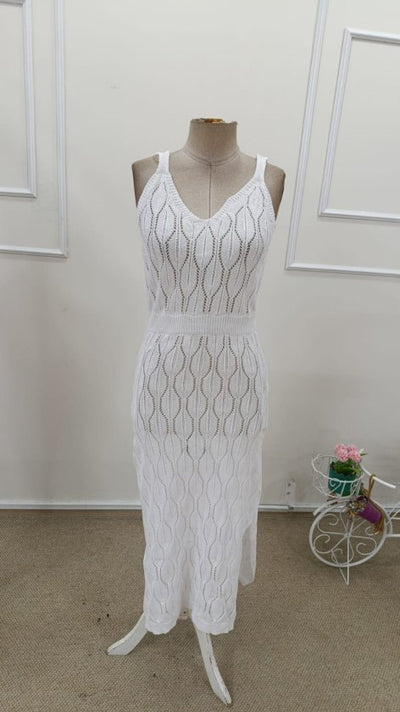 Rochie lungă tricotată cu decolteu în V și bretele pentru femei, 32408