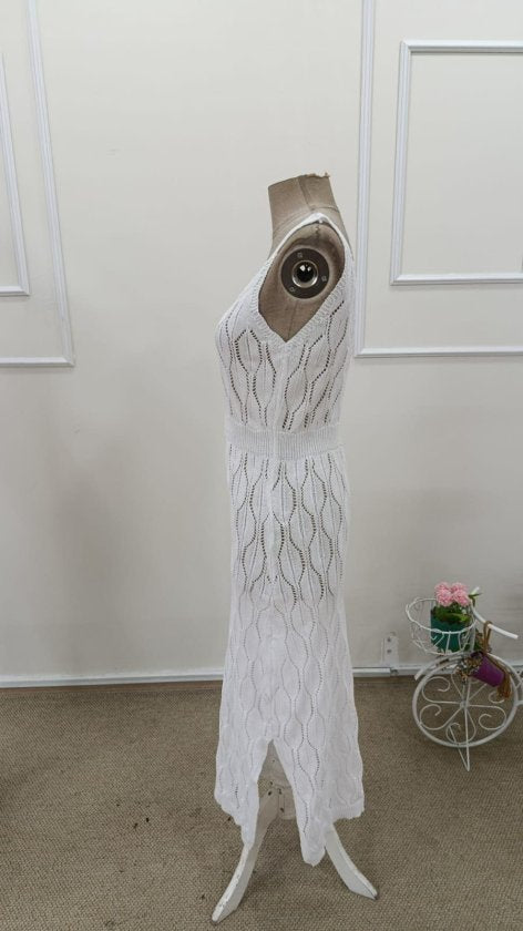 Rochie lungă tricotată cu decolteu în V și bretele pentru femei, 32408