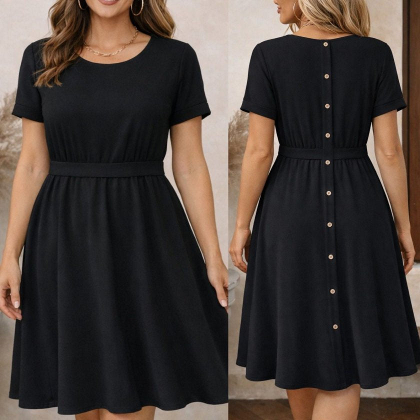 Rochie midi din viscoză pentru femei, cu mânecă scurtă, decolteu rotund și nasturi la spate, 32572