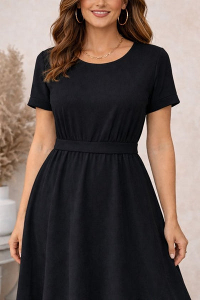 Rochie midi din viscoză pentru femei, cu mânecă scurtă, decolteu rotund și nasturi la spate, 32572