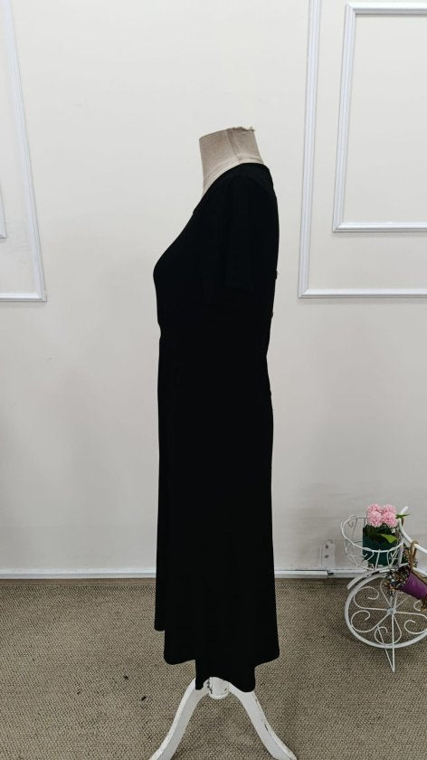 Rochie midi din viscoză pentru femei, cu mânecă scurtă, decolteu rotund și nasturi la spate, 32572