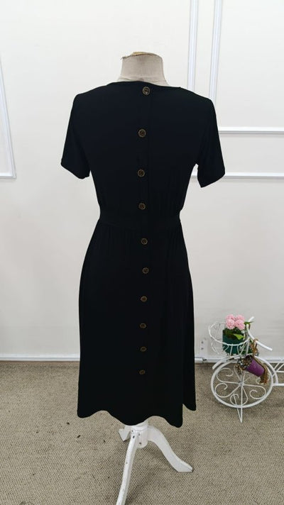 Rochie midi din viscoză pentru femei, cu mânecă scurtă, decolteu rotund și nasturi la spate, 32572