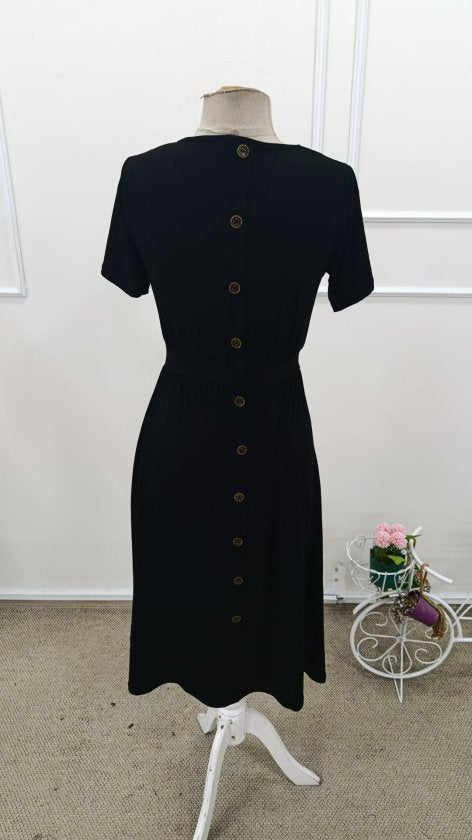 Rochie midi din viscoză pentru femei, cu mânecă scurtă, decolteu rotund și nasturi la spate, 32572