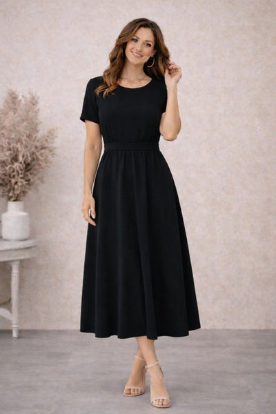 Rochie midi din viscoză pentru femei, cu mânecă scurtă, decolteu rotund și nasturi la spate, 32572