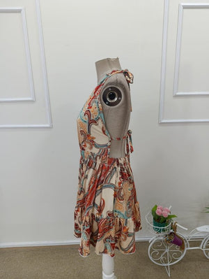 Kadın Askılı Derin Göğüs Dekolte Detaylı Arkadan Bağcıklı Desenli Süprem Kısa Elbise , 32443