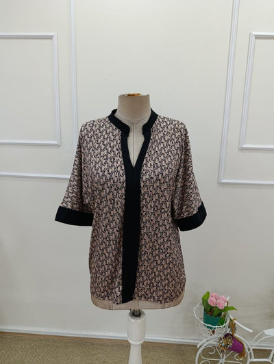 Kadın Kısa Kollu önden şerit Detaylı Desenli Sandy Bluz, 32456
