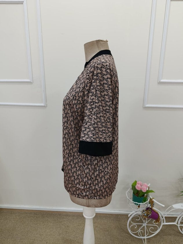 Kadın Kısa Kollu önden şerit Detaylı Desenli Sandy Bluz, 32456