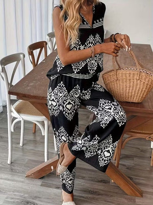 Set bluză și pantaloni cu bretele, decolteu în V și imprimeu pentru femei, 32464