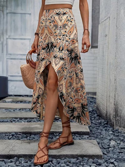 Fustă lungă din tricot cu talie înaltă, imprimeu floral și detalii asimetrice în față, 33351