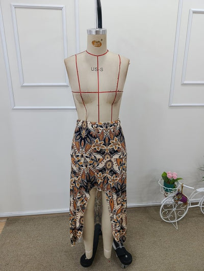 Fustă lungă din tricot cu talie înaltă, imprimeu floral și detalii asimetrice în față, 33351