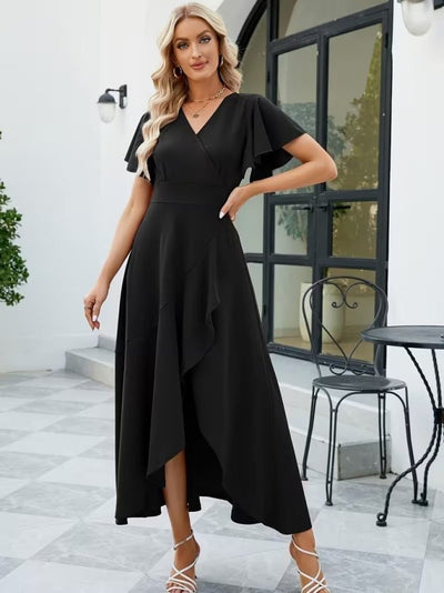 Rochie lungă din crep importat, cu mânecă scurtă, decolteu înfășurat, asimetrică, cu volane în față, 32534