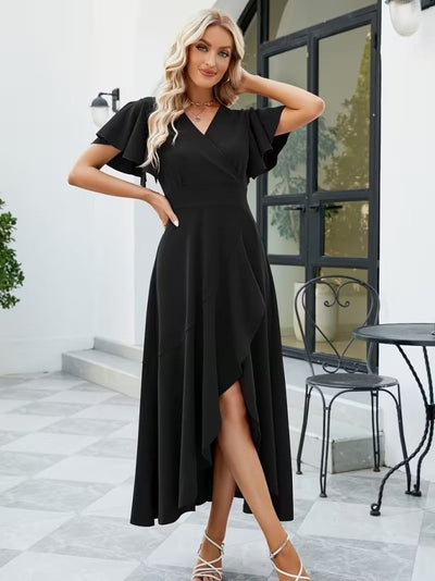 Rochie lungă din crep importat, cu mânecă scurtă, decolteu înfășurat, asimetrică, cu volane în față, 32534