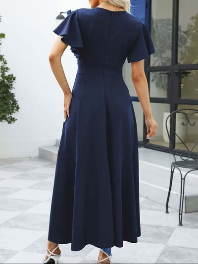 Women's Short-Sleeved Wrap Neck Asymmetrical Ruffle Long Imported Crepe Dress, 32537