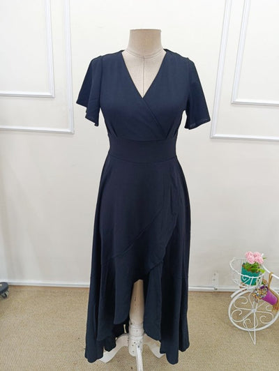 Women's Short-Sleeved Wrap Neck Asymmetrical Ruffle Long Imported Crepe Dress, 32537