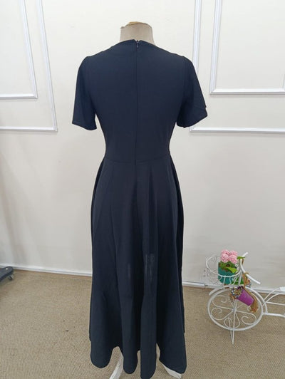 Women's Short-Sleeved Wrap Neck Asymmetrical Ruffle Long Imported Crepe Dress, 32537