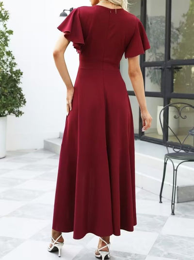 Rochie lungă din crep importat, cu mânecă scurtă, decolteu înfășurat, asimetrică, cu volane în față, 32538